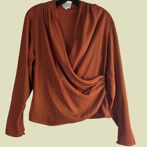 Anne Klein - Copper Wrap Blouse - Pleated at Shoulder - Fitted Waist - Zip Side